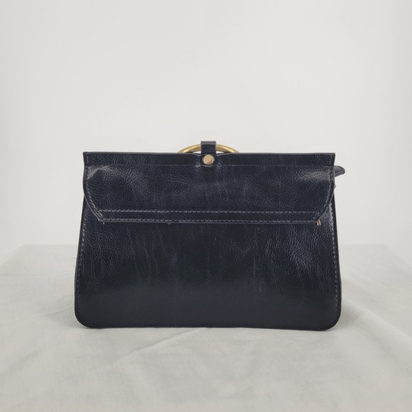 Black Faux Leather Ring Handle Crossbody Bag Floral Lining Triple Compartment - Picture 4 of 7